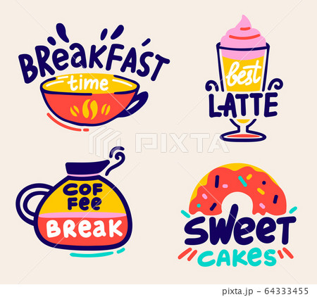 Coffee Break and Breakfast Time Labels Set Isolated on White Background. Cute Doodle Style Icons, Drawing Stickers Coffee Break and Breakfast Time Labels Set Isolated on White Background. Cute Doodle Style Icons, Drawing Stickers 64333455