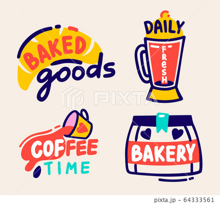 Baked Goods, Daily Fresh, Coffee Time and Bakery Labels Set Isolated on White Background. Cute Hand Drawn Elements 64333561