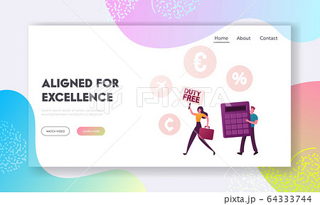 Tourists Characters Purchasing Goods in Tax Free Area Landing Page Template. Happy Woman with Suitcase 64333744