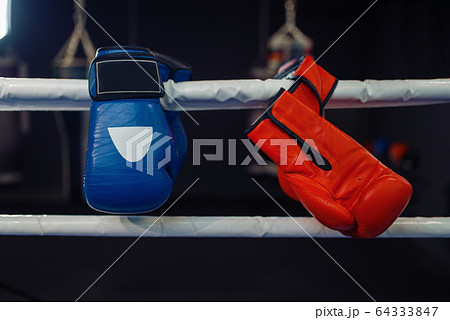 Red and blue boxing gloves on a ropes, nobody 64333847