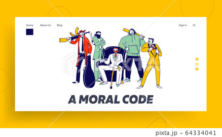 Male Gangster Characters Holding Weapon Stand around of Mafia Boss Sitting in Armchair. Landing Page Template 64334041