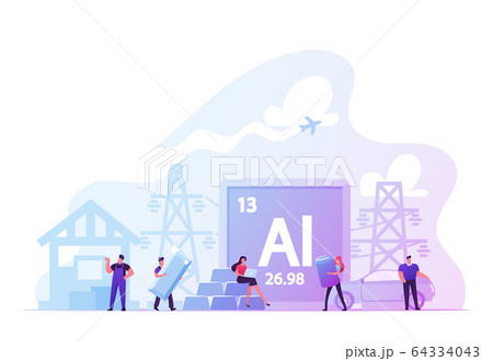 People Mining and Using Aluminium for Life and Business Concept. Miners Characters Extracting Ore for Making Vehicles 64334043