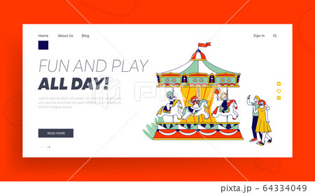 Amusement Kids Zone Website Landing Page. Happy Children Riding Merry-go-Round Entertainment Carousel in Park 64334049