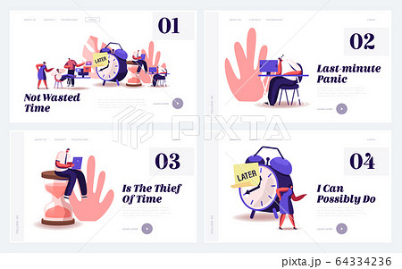 Procrastination, Postponing Work Website Landing Page Set. Lazy Businesspeople Spend Unprofitable Time in Office 64334236