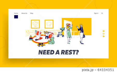 Babysitter and Nanny Occupation Website Landing Page. Nursery Persons Playing with Children Care of Newborn Toddlers Babysitter and Nanny Occupation Website Landing Page. Nursery Persons Playing with Children Care of Newborn Toddlers 64334351
