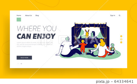 Happy Family of Parents and Kids Watching Puppet Show Website Landing Page. Artist with Toys Performing Entertainment 64334641