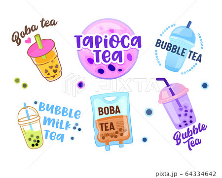 Set of Different Types of Bubble Tea in Plastic Takeaway Cups Icons Isolated on White Background. Asian Tapioca Drink 64334642