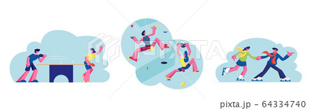 Set of People Sport Activity, Characters Climbing Wall, Playing Ping Pong and Skating on Ice Rink 64334740