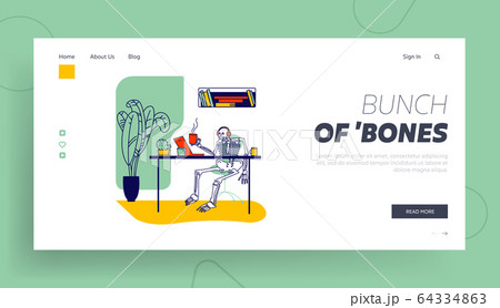 Workaholic at Job, Deadline or Work Overload, Commitment Landing Page Template. Skeleton Character in Headset 64334863