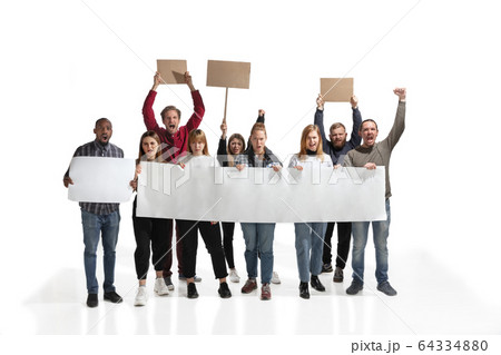 Emotional multicultural group of people screaming while holding blank placards on white Emotional multicultural group of people screaming while holding blank placards on white 64334880