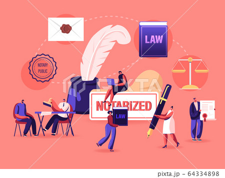 Male and Female Characters Get Notary Professional Service Concept. People Visit Lawyer Office for Signing 64334898