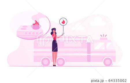 Woman Getting Notification from Smart Control System at Electronic Device Smartphone about Fire Accident Woman Getting Notification from Smart Control System at Electronic Device Smartphone about Fire Accident 64335002