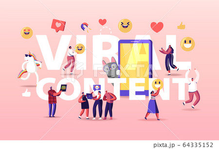 Viral Content Concept. Tiny Characters at Huge Mobile with Funny Unicorn and Cat. Social Media Blogging 64335152