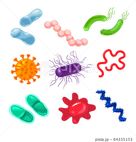 Set of Bacteria, Germs and Viruses Icons, Pathogen Microbes Characters and Colorful Cells Isolated on White Background 64335153