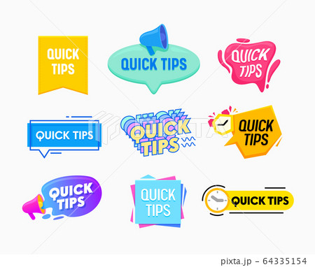 Quick Tips Helpful Tricks Emblems and Banners Set Speech Bubbles with Megaphone, Alarm Clock 64335154