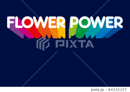 Flower Power lettering with pointing down shadows in rainbow colors. Slogan that was used in the 60s and 70s as a symbol of passive resistance and nonviolent ideology. Illustration over blue. Vector. 64335157