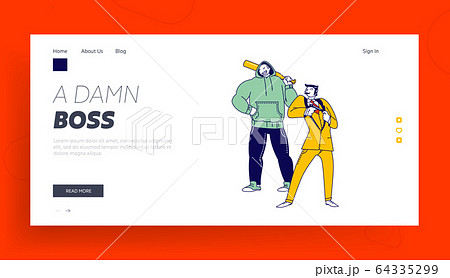 Mafia Bandits Landing Page Template. Criminal Character Wearing Hoodie Holding Baseball Bat 64335299
