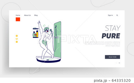 Person Take Washing Procedure at Home or Hotel Bathroom Landing Page Template. Man Lathering Body and Singing Song 64335320