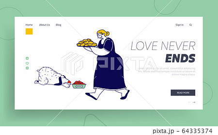 Granny Bake Patties for Family Website Landing Page. Senior Woman Carry Tray with Pile of Fresh Pies. Grandmother 64335374