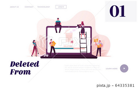 Tiny People Deleting Information Landing Page Template. Characters around of Huge Laptop Throw Documents 64335381