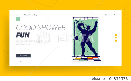 Man Singing Song in Shower Holding Brush like Microphone Landing Page Template. Naked Happy Male Character Bathing 64335578