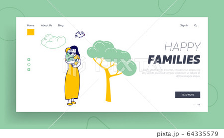Maternity Love Family Website Landing Page. Happy Woman Walk with Child in City Park. Young Mother Holding Baby on Hands 64335579