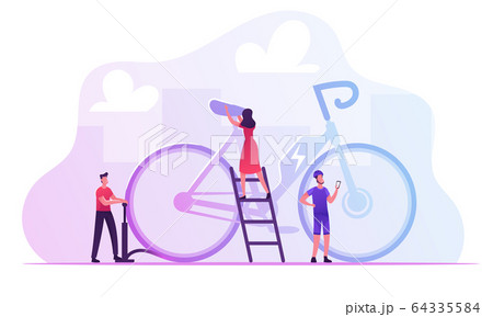 Tiny Male and Female Characters Maintenance Huge Electric Bike for Sportsman Driving. People Use Modern Bicycle 64335584
