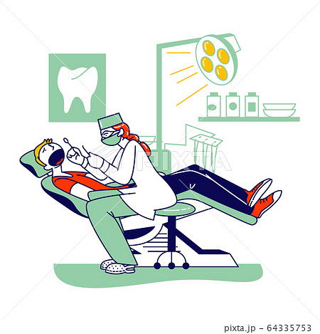 Man Patient Lying in Medical Chair in Stomatologist Cabinet with Equipment. Doctor Character 64335753