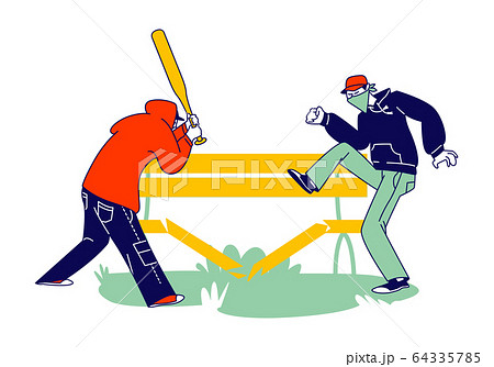 Aggressive Male Characters with Hidden Faces and Baseball Bat Breaking Wooden Bench on Street. Vandalism Aggressive Male Characters with Hidden Faces and Baseball Bat Breaking Wooden Bench on Street. Vandalism 64335785