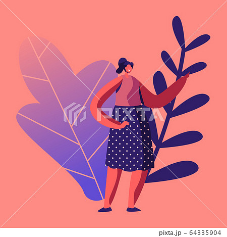 Smiling Young Female Character Wearing Polka Dot Dress Posing with Index Finger Pointing and Gesturing 64335904