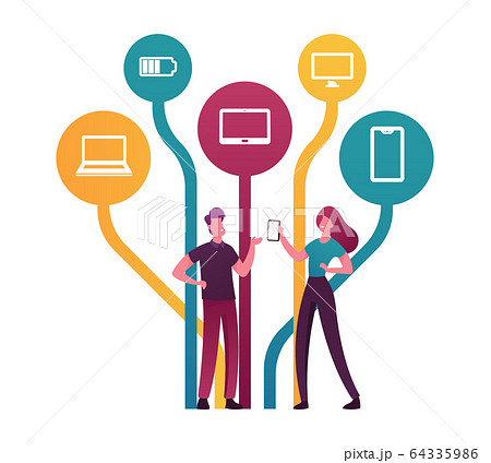 Young Man and Woman Characters Holding Smartphones in Hands Communicating Online Using Free Network Young Man and Woman Characters Holding Smartphones in Hands Communicating Online Using Free Network 64335986