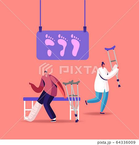 Invalid Handicapped Man Character with Leg Fracture Stand on Crutches Visit Orthopedy or Podiatry Clinic 64336009