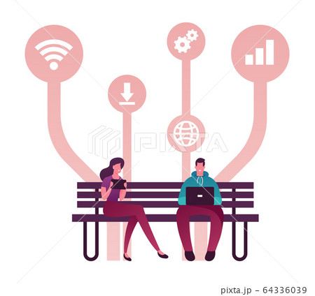 Young People Characters Using Gadgets Sitting on Bench, Chatting in Social Media Networks Young People Characters Using Gadgets Sitting on Bench, Chatting in Social Media Networks 64336039