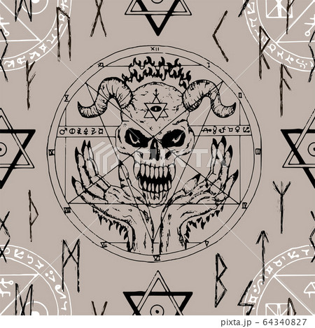 Seamless pattern with magic seal, fantasy symbols and pentagram on