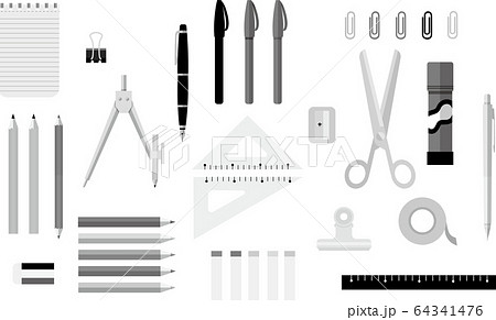 シンプルでおしゃれなデザイン文房具のセット ステーショナリー グレースケールのイラスト素材