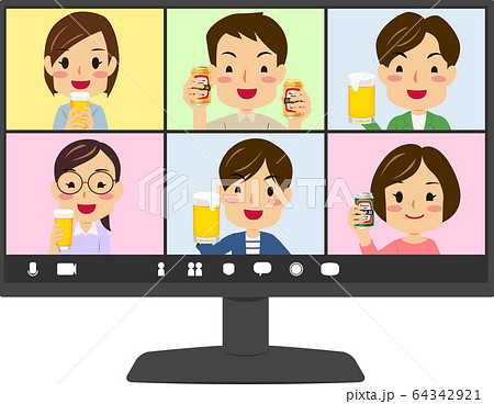 オンライン飲み会 デスクトップpc 画面 イラストのイラスト素材
