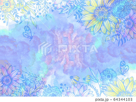 水彩と花柄の背景素材 ウォーターカラー レトロ 植物柄 絵の具 青色 水色のイラスト素材