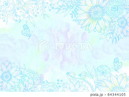 水彩と花柄の背景素材 レトロ ウォーターカラー 植物柄 絵の具 青色 水色のイラスト素材