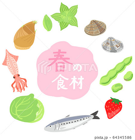 春の食材 野菜と果物と魚 フレーム タイトル入りのイラスト素材