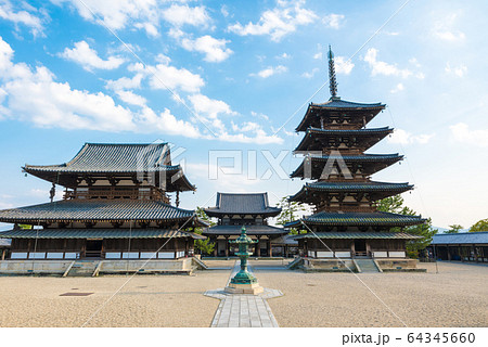 法隆寺 五重塔と金堂と中門 (奈良県生駒郡斑鳩町) 法隆寺 五重塔と金堂と中門 (奈良県生駒郡斑鳩町) 64345660