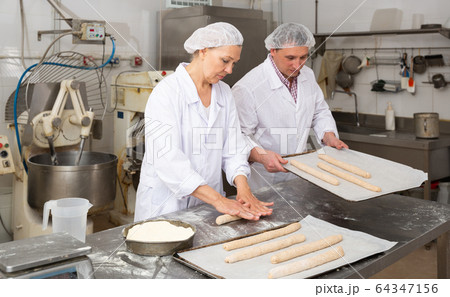 Female baker kneading a dough 64347156