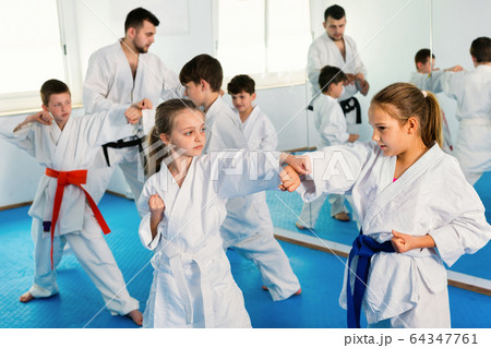 Teenagers practicing new karate moves in pairs in class Teenagers practicing new karate moves in pairs in class 64347761