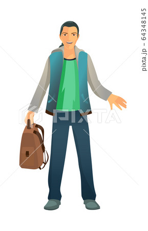A guy in full growth. He's wearing a warm vest. He holds a backpack in his hand. 64348145
