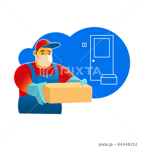 Contactless delivery. Delivery man or courier in a medical mask and gloves delivering box. 64348352