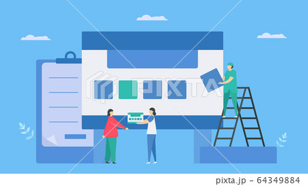 Sick person gets patient card from medical receptionist. It is information summaries customized to physicians in practice. It is easy to simplify access data. Workflow concept. 64349884