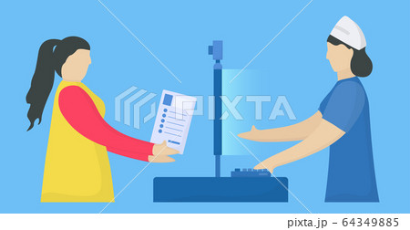 Workflow of patient care. Woman with illness send personal information to nurse receptionist. Medical vector illustration in flat style. 64349885