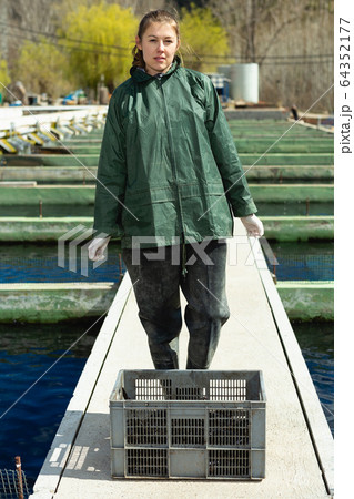 Female farm worker with crate of trout Female farm worker with crate of trout 64352177