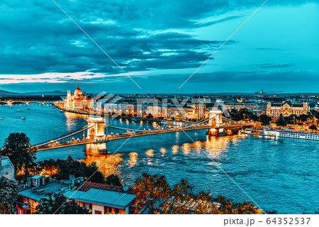 Szechenyi Chain Bridge and Parliament at dusk from Szechenyi Chain Bridge and Parliament at dusk from 64352537