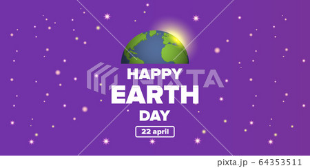 World earth day horizontal banner with earth globe isolated on violet space background with stars. Vector World earth day concept horizontal illustration with planet isolated on black background World earth day horizontal banner with earth globe isolated on violet space background with stars. Vector World earth day concept horizontal illustration with planet isolated on black background 64353511