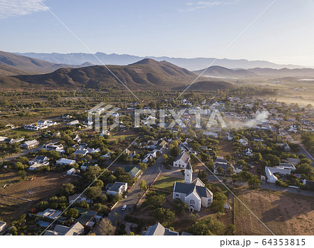 Aerial over small town village, in South Africa, 64353815